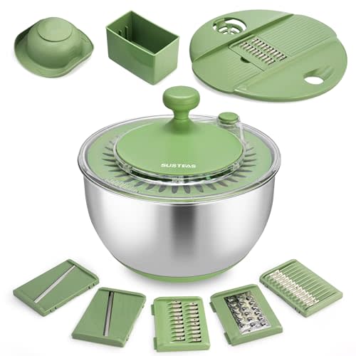 SUSTEAS Stainless Steel Salad Spinner, Lettuce Spinner with 5 Blade Slicer | 4.25Qt Vegetables Wash Bowl, Fruits & Herb Lettuce Dryer with Egg Yolk Strainer for Efficient Salad Preparation& Food Washing