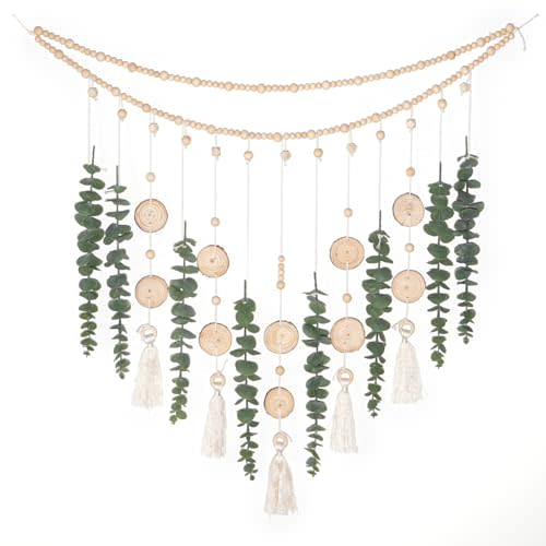 Artificial Hanging Eucalyptus Wall Decor Fake Greenery Leaves Wall Hanging Plants on Long Wooden Beads Garland Wall Art Large Boho Rustic Farmhouse Decor for Bathroom Bedroom Living Room Sage Green