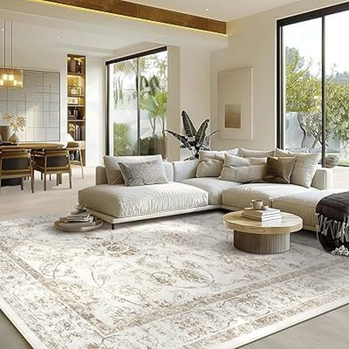 Madane 8x10 Area Rugs for Living Room, Machine Washable Vintage Rug with Non-Slip Backing, Soft Floral Print Large Throw Rugs, Thin Carpet for Bedroom Dining Room Farmhouse (8 x 10, Brown/Ivory)