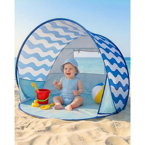 Pop Up Baby Beach Tent - Baby Tent for Toddler Beach Essentials with UPF 50+ UV Protection Canopy, Portable 41.4 x 35.5 x 31.5 in Sun Shade Summer Outdoor for Infants (Blue Wave Stripes)
