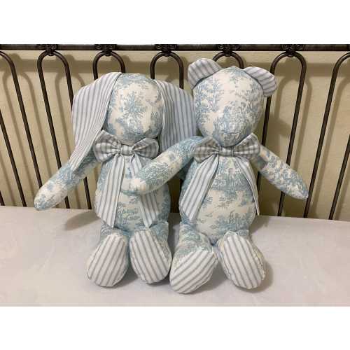 Toile and Stripes Teddy Bear or Bunny, Stuffed Animal Bear, Stuffed Toy, Personalized Stuffed Animal, Monogrammed Bear