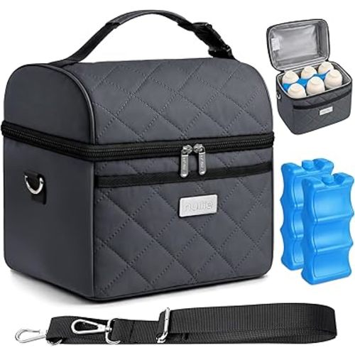 Nuliie Breastmilk Cooler Bag with 2 Ice Packs, Fits 6 Baby Bottles Up to 10 Ounce, Four Layer Insulated Baby Bottle Bag for Daycare, Breast Milk Cooler with Pocket, Strap & Buckle, Waterproof, Grey