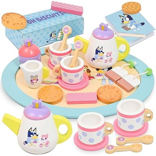 8th Wonder Bluey Toys Wooden Tea Party Set, 18-Piece Durable Toy Tea Set with Tray, Teapot, Teaspoons, and More, Pretend Play for Toddlers of Ages 3+