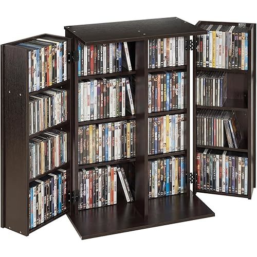 VEVOR Media Storage Cabinet, 4-Tier DVD Shelf Organizer, 24.02 x 14.49 x 33.31 in Multimedia Storage Organizer for CDs, DVDs, Books, Games, CD Shelf for Living Room, Home Office, Recording Room, Brown