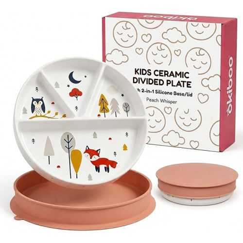 Ceramic Divided Toddler Plate with Lid, Non-Toxic, 8" Non-Slip Base | Suitable for Kids/Toddlers, Divided Plates, Non-Slip, Lid, Cute Design, Microwave & Dishwasher Safe, Ages 2-6, Pink