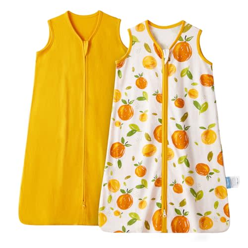 TILLYOU 2 Pack Infant Sleep Sack 0-6 Months 100% Cotton Wearable Blanket 0.5 TOG Sleeveless Summer Sleep Sacks with 2-Way Zipper, Orange Flavour & Orange