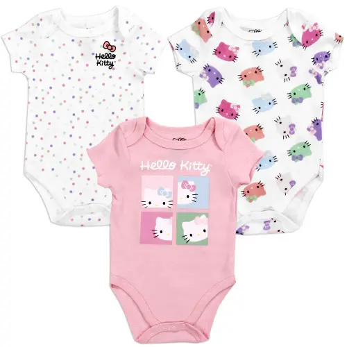 Hello Kitty Newborn Girls 3-Pack Creepers Set, Pink, Official Sanrio Baby Onsies Size 6M