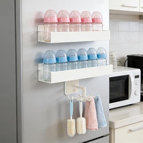 2 Pack Magnetic Baby Bottle Organizer for Refrigerator, Space-Saving Metal Storage Rack with Rotating Hook, Strong Magnetic Shelf for Bottles, Pacifiers, Brushes, Nursery or Kitchen Use