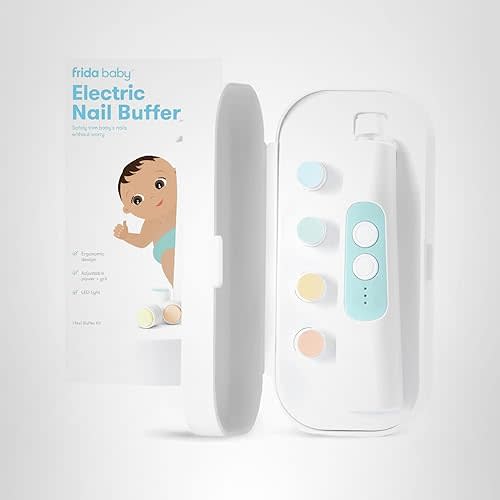 Frida Baby Electric Nail Buffer | Safe + Easy Baby Nail File, Baby Nail Clippers + Nail Trimmer Kit for Newborn, Toddler, Children's Fingernails/Toenails, 4 Buffer Pads, LED Light, Storage Case, White