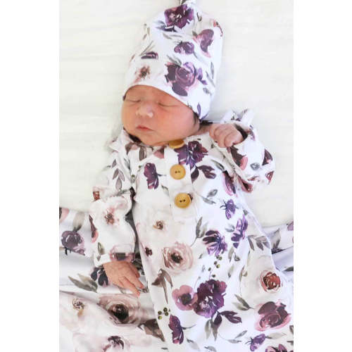 Demi's Dusty Purple Floral Newborn Baby Knot Gown & Hat Set | Caden Lane