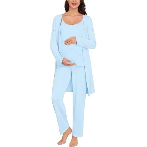 SWOMOG Maternity Pajamas Set 3 PCS Nusing Pajamas Labor and Delivery Gown & Camisole & Pants Postpartum Pjs