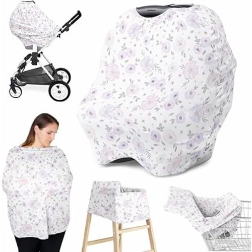 Sweet Jojo Designs Purple Watercolor Floral Girl Infant Baby Car Seat Cover Nursing Breastfeeding Shopping Cart Stroller Canopy Lavender Pink and Grey Boho Bohemian Shabby Chic Rose Flower Farmhouse