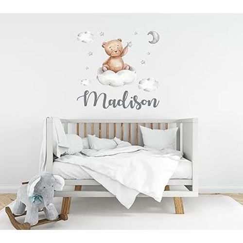Custom Name Teddy Bear Nursery Wall Decal - Moon, Stars Clouds Watercolor Baby Room Decor for Boys & Girls - Teddy Bear Wall Stickers - Personalized Name Wall Sticker for Nursery playroom