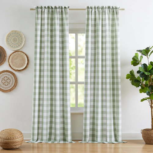 Semi Sheer Sage Green Buffalo Plaid Curtains,90 Inches Long Gingham Checkered Panels,Farmhouse Window Treatment for Bedroom Living Room,Rod Pocket,Sage Green/White,40" Wx95 L,2 Panels