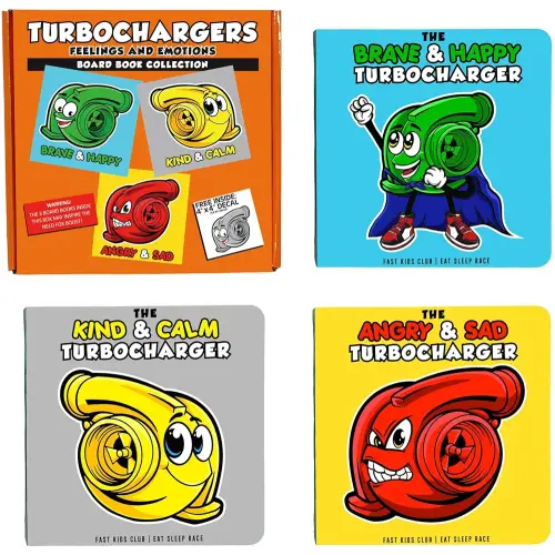Turbochargers Feelings and Emotions Books Board Book Collection Box Set (Brave and Happy, Kind and Calm, Angry and Sad, Baby Book, Children's Book, Toddler Book)