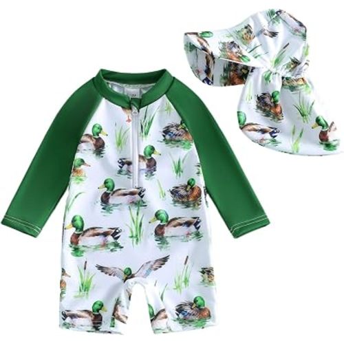 KMBANGI Toddler Baby Boy Mallard Swimsuit Kids Rash Guard Long Sleeve One Piece Bathing Suit Duck Hunting Swimwear with Hat