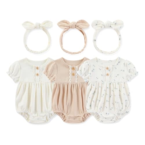 MAMIMAKA Newborn Baby Girl Clothes Cotton Bubble Romper Floral Short Sleeve Bodysuit 3 Pack