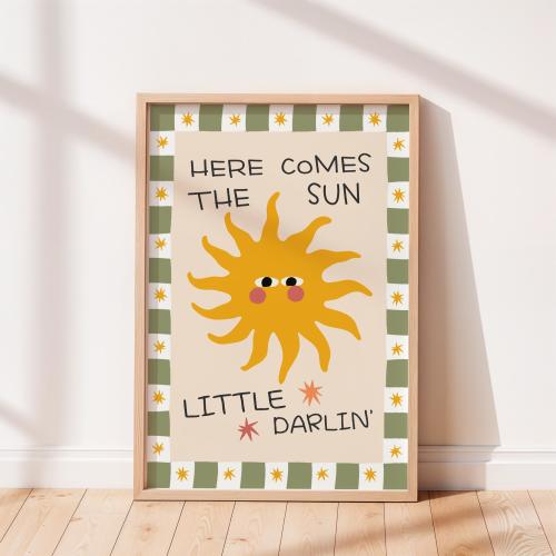 Here Comes the Sun Art Print, Boho Sunshine Nursery Decor (Digital Download)