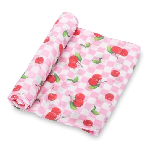 LollyBanks Baby Swaddle Blanket, 100% Organic Cotton Muslin Swaddle | 47" x 47", Soft Baby Receiving Blanket for Newborn Girls, Stroller & Nursery Use (Cherry Print)