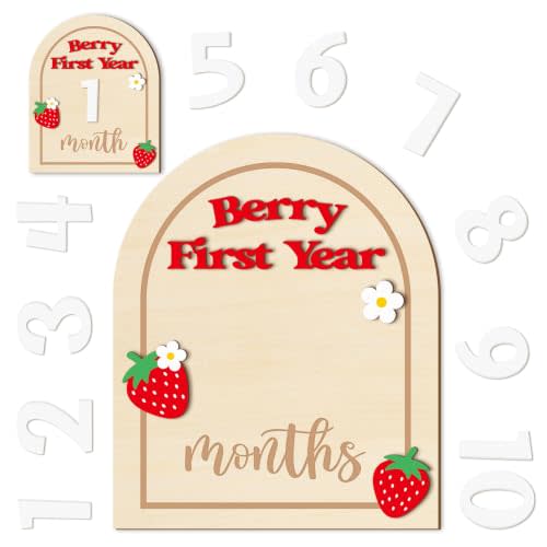 R HORSE 14 Pieces 3D Strawberry Baby Monthly Milestone Cards with Number Cards | Wooden Monthly Milestone Discs, Newborn Months Signs Announcement, Ideal for Baby Shower Photo Prop, Keepsake Gift for Girl
