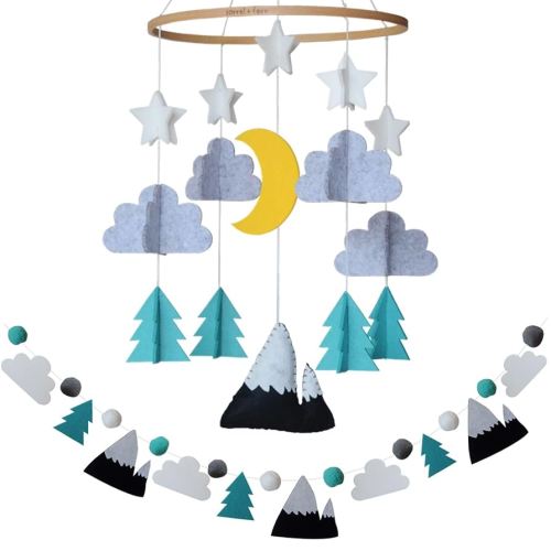 Baby Crib Mobile (Starry Woodland Night w/Garland, Mint) - Nursery Decoration Crib Mobile and Baby Shower for Boys & Girls