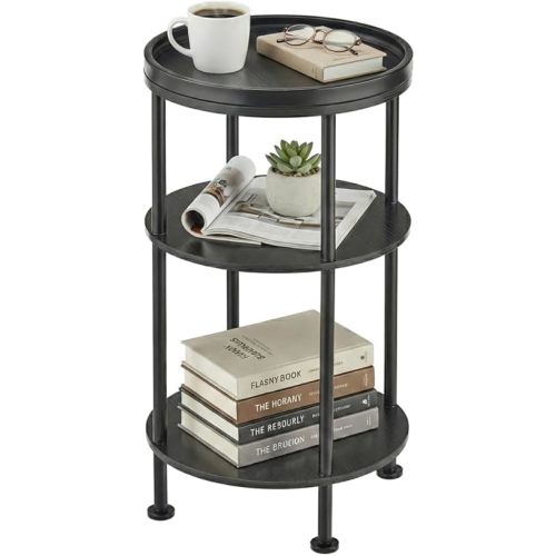Small Round Side Table with Tray Top, 3-Tier Black End Table for Living Room & Bedroom, Modern Metal Nightstand with Storage Shelf, 11.8" Narrow Accent Table for Small Spaces, Balcony, Classic Black
