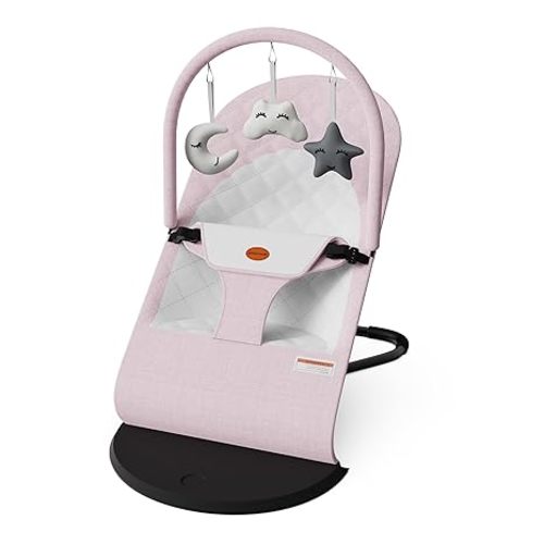 Portable Baby Bouncer Seat for Infants, 0-18 Months, 3 Modes of Use with Rocker & Stationary Options, Ergonomic Infant Chair with Hanging Toys,Pink