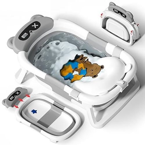 AVIDOR 2-in-1 Baby Bathtub with Stand for Newborn and Infants, Foldable Baby Bath Tub, Baby Shower Gifts for New Parents, Gray
