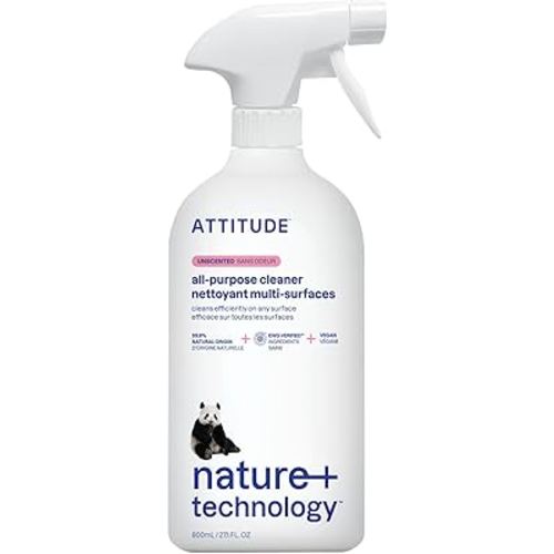 ATTITUDE All Purpose Cleaner Spray, EWG Verified, Vegan, Made with 94% Plant-Based Ingredients, Streak-Free for Kitchen, Bathroom, Glass & More, Unscented, 27.1 Fl Oz