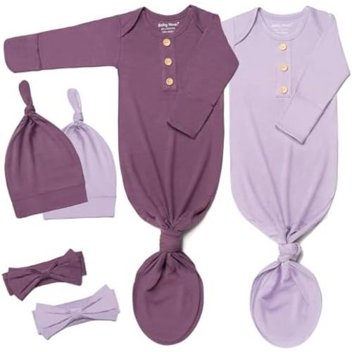 Baby Noah Newborn Knotted Gown Set with Hat and Headband, Soft Tie Bottom Newborn Sleepers for Baby Girl Boy (2 Packs)