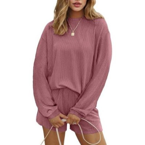 Ekouaer 2 Pieces Lounge Set for Women Long Sleeve Pajamas Top and Shorts Matching Sets Outfits with Pockets Deep Pink XL