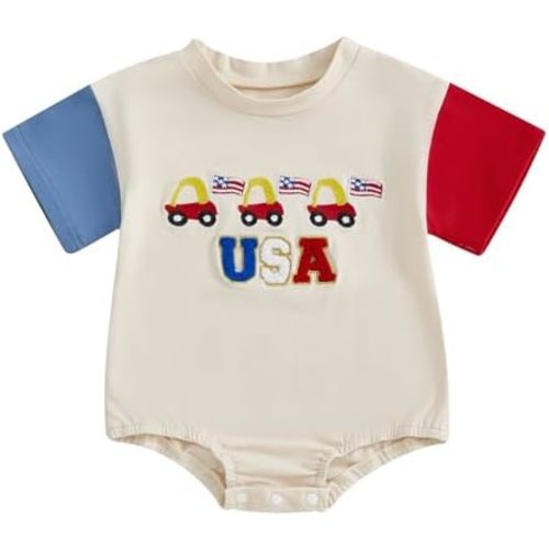 Baby Boy Girl 4th of July Outfit Infant Short Sleeve USA Bubble Romper Bodysuit Newborn Fourth of July Clothes