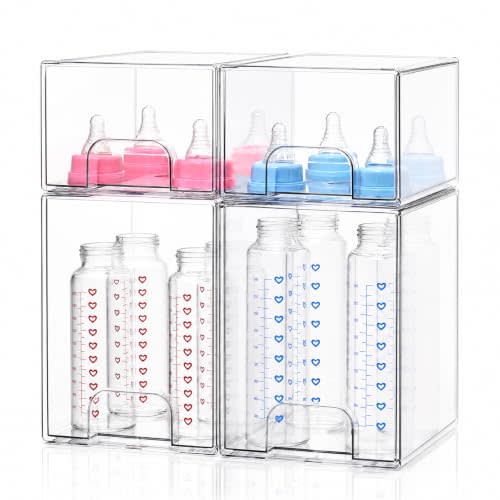 Baby Bottle Organizer, 4 Pack Clear Acrylic Stackable Storage Drawers, Baby Bottle Storage Organizer for Countertop, Nursery, Vanity & Cabinet