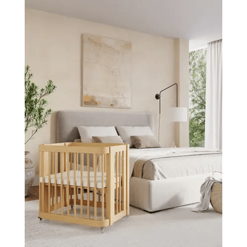 The Wave Crib Natural Wood Convertible Crib w/ Nestig x Lullaby Earth Breathe Safe Mini Mattress