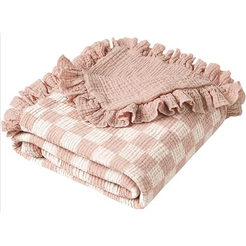 Konssy 100% Cotton Muslin Baby Blanket with Ruffle Trim for Girls, 43"x39"