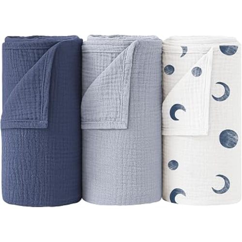 Bearmoss Muslin Swaddle Blankets, 40 x 38 inches Baby Swaddle for Boys and Girls, Soft Baby Blanket, 3 Pack Breathable Nursery Receiving Blankets (Bluemoon)