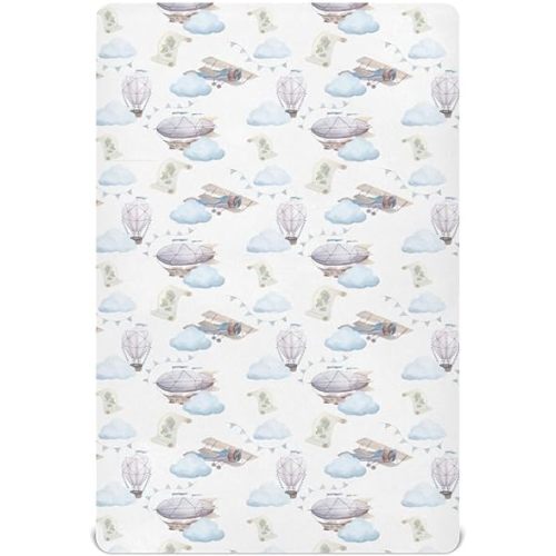 Hot Air Balloon Crib Sheets for Boys Girl Cartoon Airplanes Cloud Transportation Pattern Mattress Cover Unisex Toddler Baby Bed Sheets Fitted Standard Crib Sheets 28x52 Inch