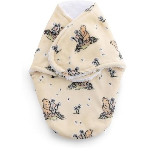 Berkshire Pooh Bear Baby Swaddle Sack - Spaloft Plush Sleep Sack with Classic Pooh Patterns - Snug Fit Swaddle Blanket for Newborns Infants 0-3 mo(Pooh, Piglet and Dandelions Yellow, 13.5’’x20’’)