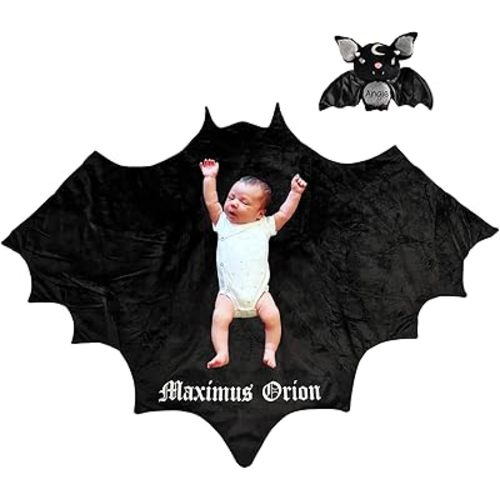 Personalized Bat Baby Crawling Blanket Pad Black Halloween Throw Blanket Infant Game Mat Nursery Cushion Photography Props for Baby Kids 0-4 Years Old(55"x40")