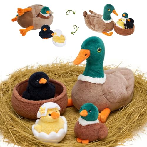 OUOZZZ Duck Stuffed Animals with 3 Ducklings Inside and A Duck Nest Plushie Baby Toys - 3 Year Old Birthday Gifts for Girls Boys Toddler Christmas Party Decor