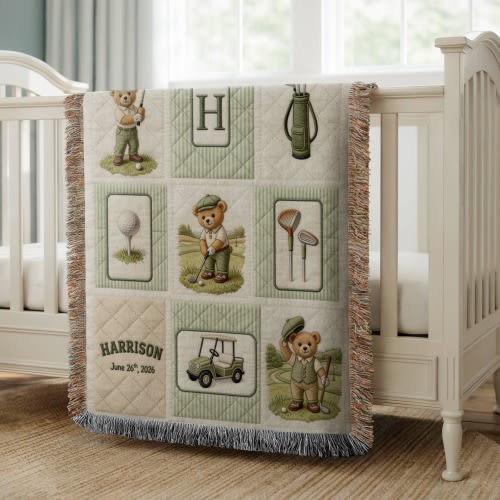 Personalized Golf Baby Blanket Woven | Custom Name Heirloom Nursery Throw | Vintage Plaid Teddy Golf Blanket Faux embroidered