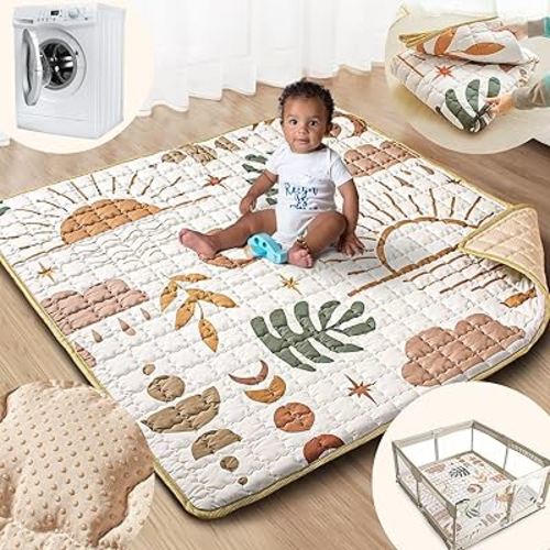 Baby Play Mat, 50x50 Playpen Mat with Super Soft Touch, Activity Mat with Upgraded Anti-Slip Bottom, Machine Washable Crawling Mat for Floor & Picnic(Boho Nature)