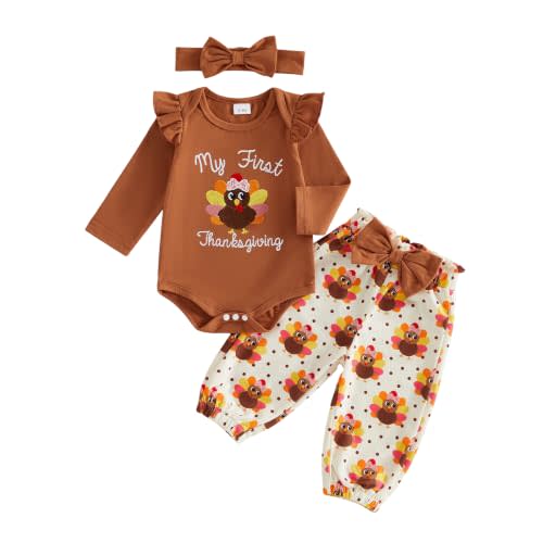 Newborn Baby Girl Clothes Long Sleeve Romper Pants Set Cute Outfit | Fall Winter Clothes, Crew Neck Bodysuit, Thanksgiving Baby Girl Outfit, Fly Sleeve Romper, Bottom Snap Closure, Clothing Set