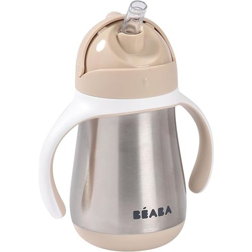 Beaba Stainless Steel Straw Sippy Cup, Insulated Toddler Cups Spill Proof with Removable Handles, Made with High Grade Stainless Steel, 8+ months, 8.5 oz Oat