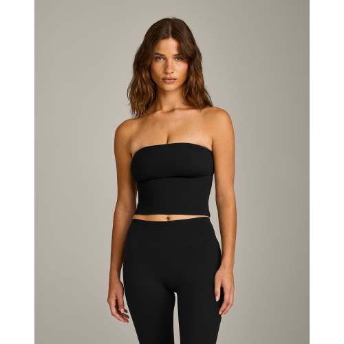 SoftMotion™ Bandeau Mid Tank Top with Built in Bra Shelf with Gray Logo | Black
