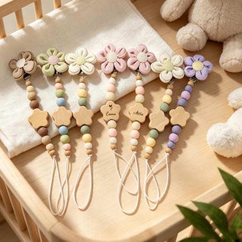 Personalized name-customizable pacifier clips – silicone and wood. A perfect baby christening gift for both boys and girls.