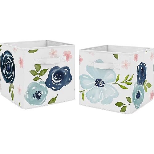 Sweet Jojo Designs Navy Blue and Pink Watercolor Floral Foldable Fabric Storage Cube Bins Boxes Organizer Toys Kids Baby Childrens - Set of 2 - Blush, Green and White Shabby Chic Rose Flower