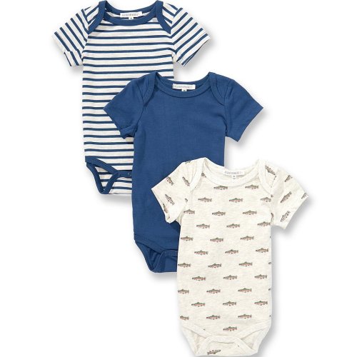 Adventurewear 360 Baby Boys Short Sleeve Fish, Stripe & Solid Bodysuit 3-Pack Set