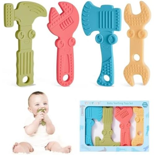 TYRY.HU Baby Teething Toys for Babies 0-6 Months 6-12 Months, BPA Free Silicone Baby Molar Teether Chew Toys, Hammer Wrench Spanner Pliers for Boys Girls, Soft-Textured, Easy to Hold & Clean, 4 Packs