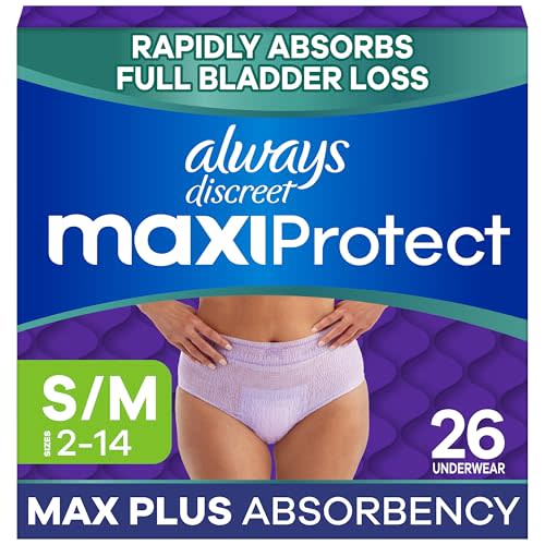 Always Discreet MaxiProtect Adult Diapers for Women, Incontinence Underwear, Scented, Postpartum Essentials, Bladder Leak Protection, Disposable Briefs, Maximum Plus Absorbency, Size S/M, 26 Count